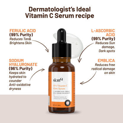 15% Vitamin C Glow Serum For Face & Neck, 20ml | L Ascorbic Acid Serum To Boost Skin Glow | Enriched with Ferulic Acid and Sodium Hyaluronate