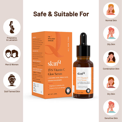 15% Vitamin C Glow Serum For Face & Neck, 20ml | L Ascorbic Acid Serum To Boost Skin Glow | Enriched with Ferulic Acid and Sodium Hyaluronate